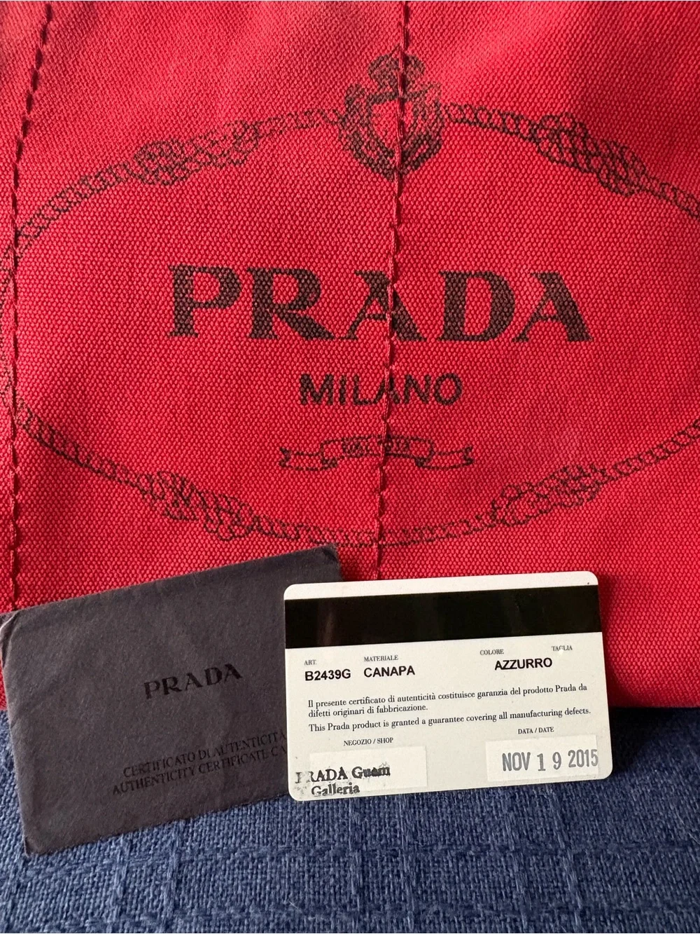 Authentic PRADA Canapa Small Canvas Tote Bag Rosso Red B2439G w/ Auth Card
